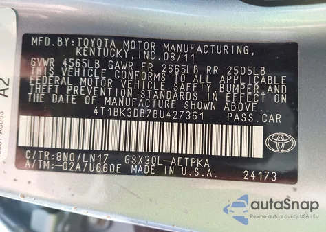 2011 Toyota Avalon Limited from USA, damaged, VIN 4T1BK3DB7BU427361